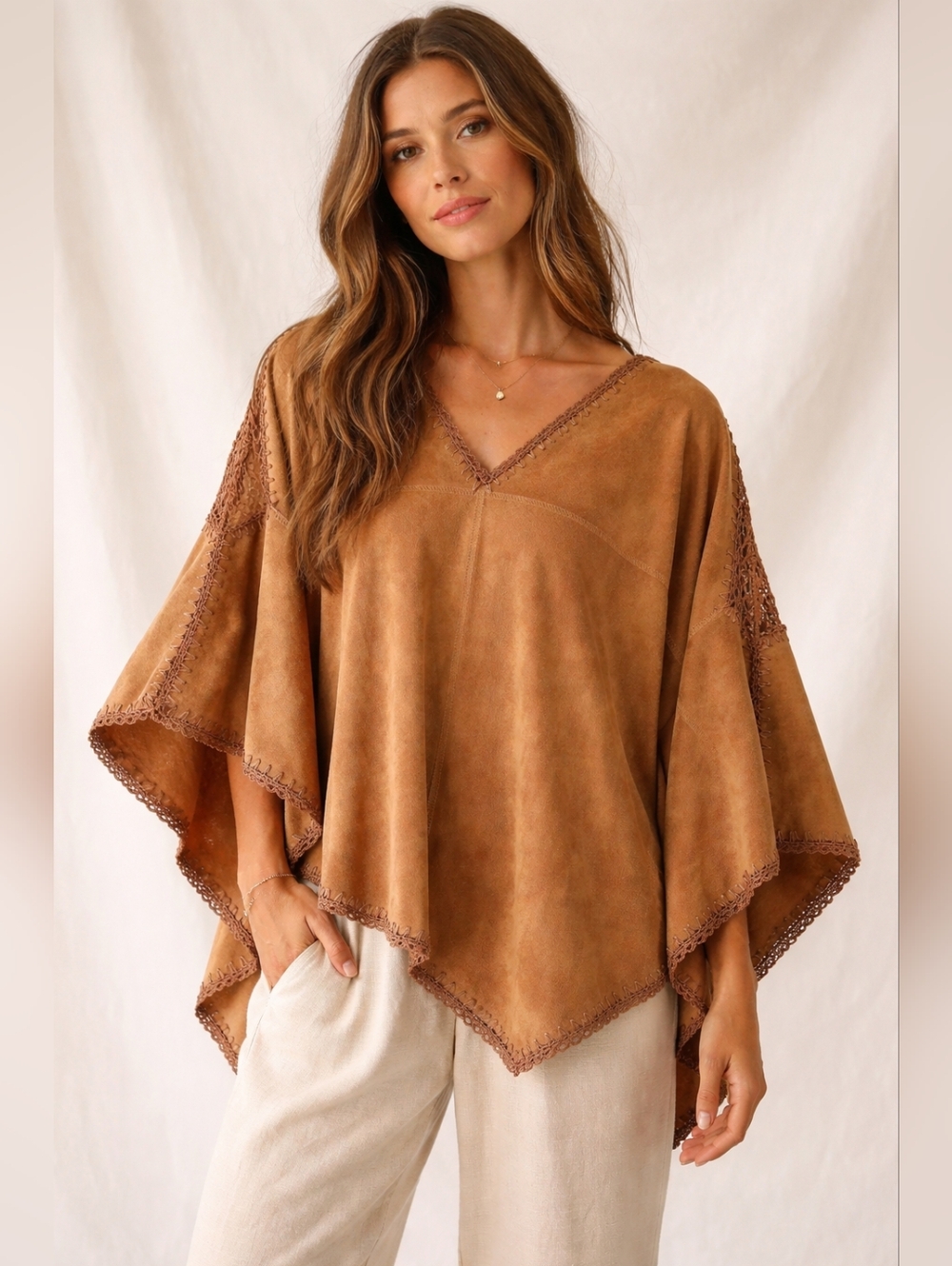 Chico’s Faux Suede & Crochet Sleeve Poncho, OS, Western, Boho, Beach, 70s